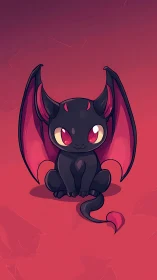Cute chibi bat-dragon creature sits in warm pink glow.