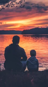 Father and child share a quiet lakeside sunset moment together.