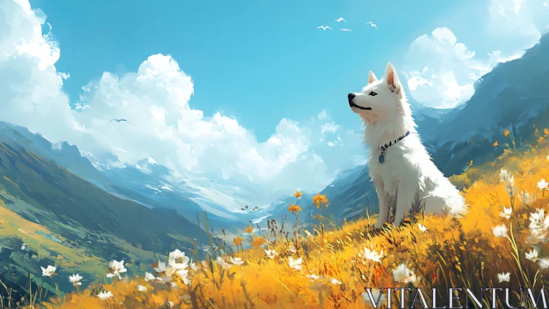 Digital painting of white dog in alpine wildflower meadowscape.
