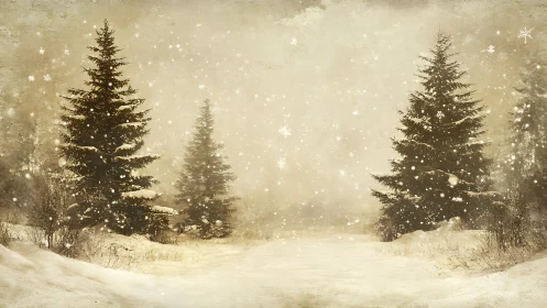 Snowy fir trees stand in a soft, nostalgic winter haze