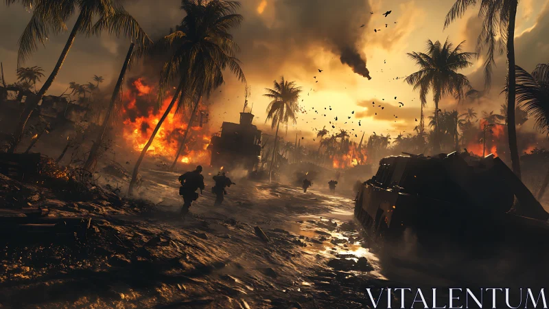 Tropical battlefield inferno with soldiers and armored convoy.