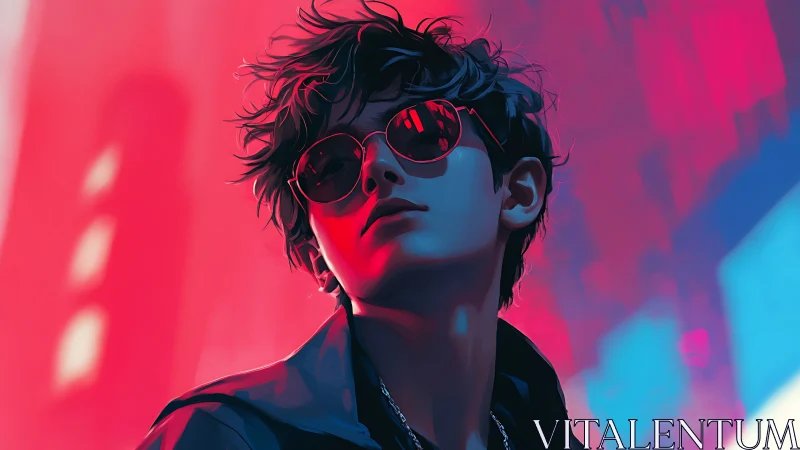 Neon backlit portrait isolates stylized youth in red cyan glow