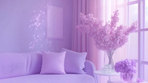 Monochromatic lavender interior with sofa, pillows, floral vase
