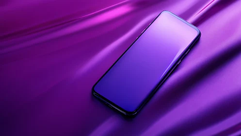 Sleek smartphone on iridescent purple satin surface.