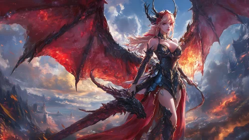 Fiery dragon-winged warrior queen over a stormy realm.