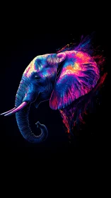 Neon-contoured elephant head dissolves into chromatic plasma
