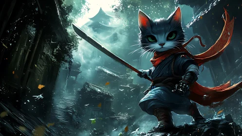 Sword-wielding warrior cat in misty ruined village.