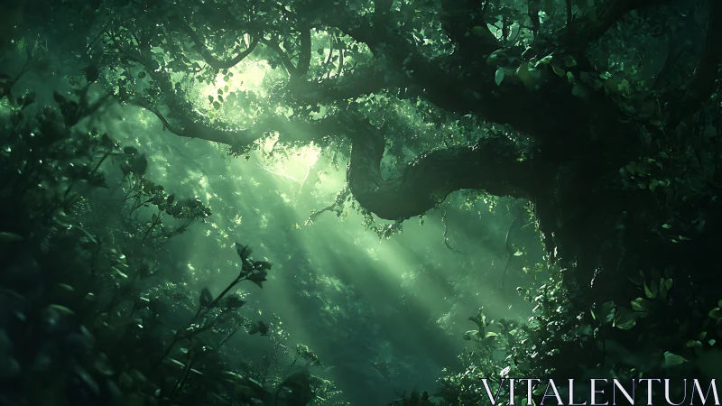 Forest Canopy with Sunlight Penetration Through Dense Foliage