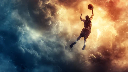 Basketball player soaring toward hoop in dramatic sky scene.