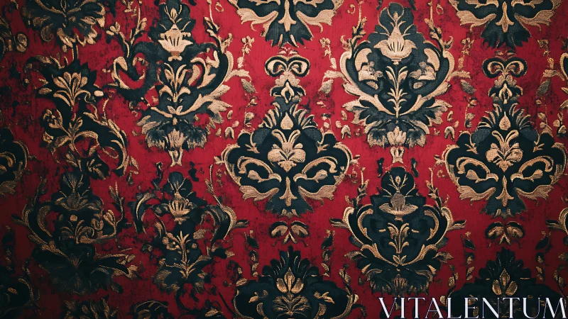 Ornate black damask pattern over distressed red wall.