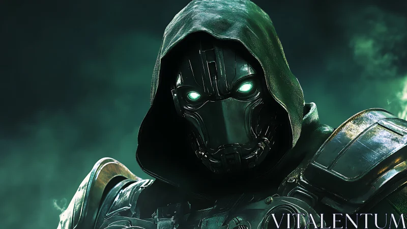 Armored hooded cyborg stares forward with glowing eyes