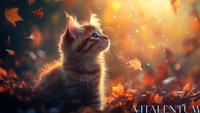 Feline Reverie in Autumn: Digital Portrait of Cat Among Falling Leaves.