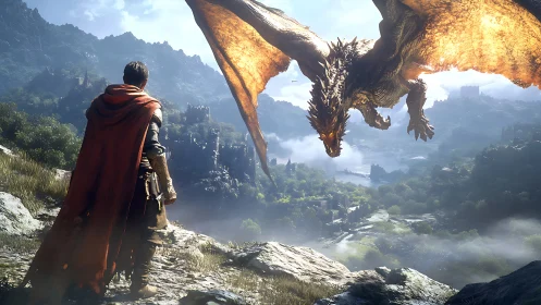 Cloaked wanderer faces sunrise dragon above misted valley.