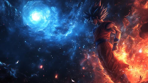 Cosmic warrior drifts between searing fire and frozen void