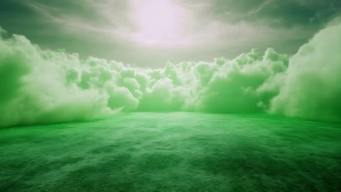 Emerald cloudscape over surreal open plain at sunrise.