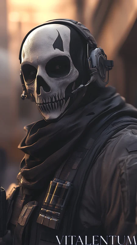 Tactical operator in skull mask under cinematic dusk light.