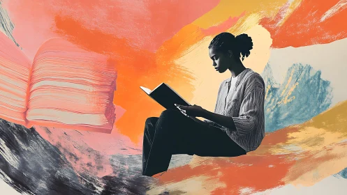 Solitary reader drifting through sherbet colored story clouds.