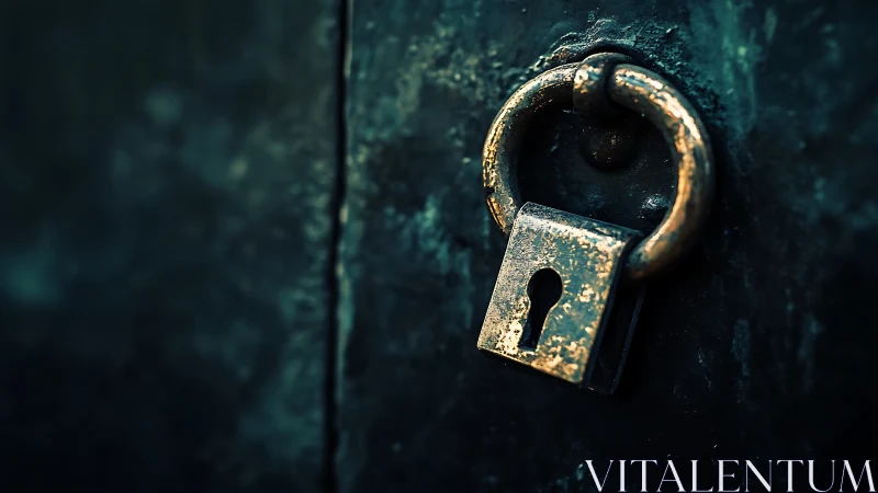 Rustic brass padlock on dark metal door in close focus.