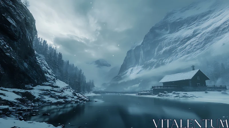 Snowbound cabin beside frozen river under towering peaks