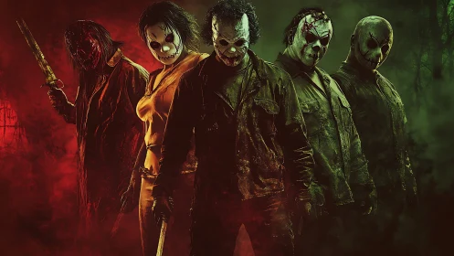 Masked killers advance through red green horror fog.