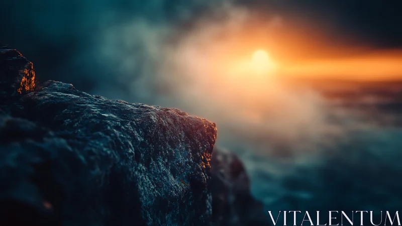 Rocky cliffside greeting a dreamy misty ocean sunrise.