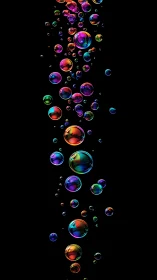 Prismatic bubbles drift upward, threading neon light through dark