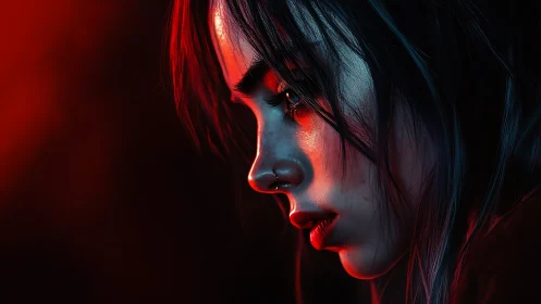 Moody side portrait glows in dramatic red and blue light.