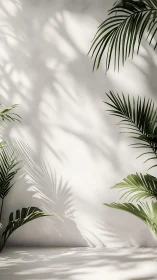 Soft sunlight and palm leaf shadows on a quiet white wall.