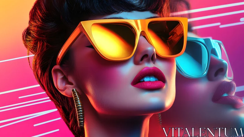 Stylish woman in bold sunglasses, retro neon pop art portrait.