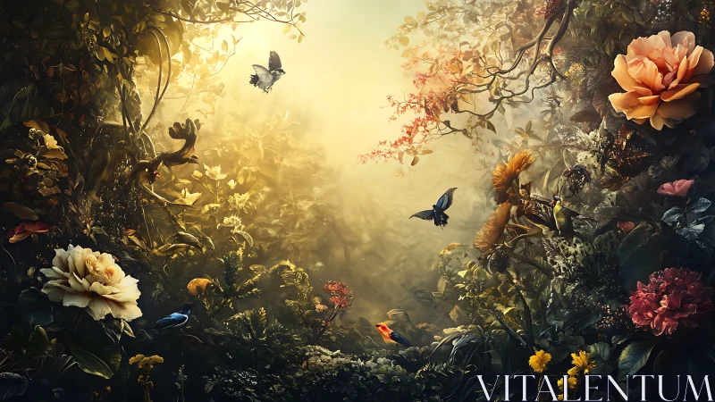 Sunlit garden glows as butterflies and songbirds wander