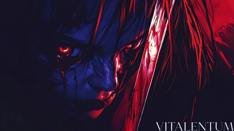 Digital painting portrait with blade and neon horror contrast.