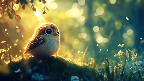 Cute Fantasy Bird in Magical Forest with Soft Lighting.