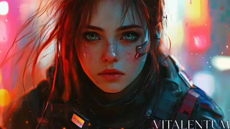 Tender cyberpunk heroine framed by neon city glow.