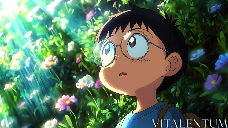 Young boy with glasses looks up at bright forest sunlight