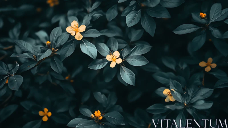 Golden Flowers Among Dark Foliage.
