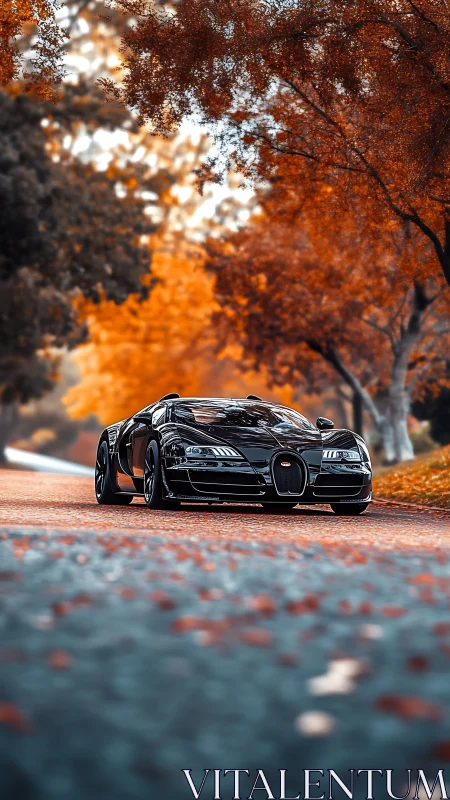 Black supercar on autumn road under dense orange trees.