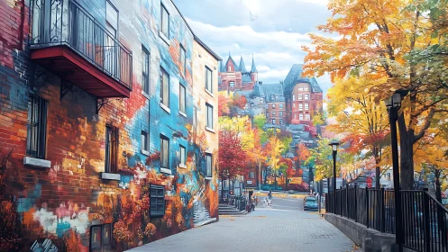 Colorful mural street frames autumn city hillscape view