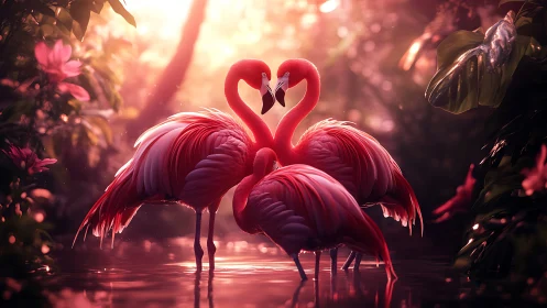Two Flamingos Forming Heart Shape in Sunset