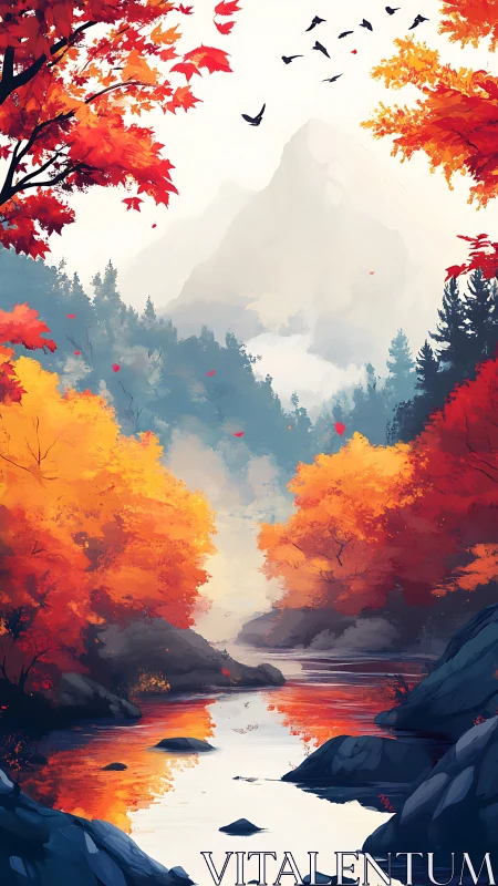 Mountain river reflects vivid autumn forest and distant peak