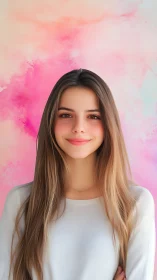 Young woman against soft pink watercolor backdrop.
