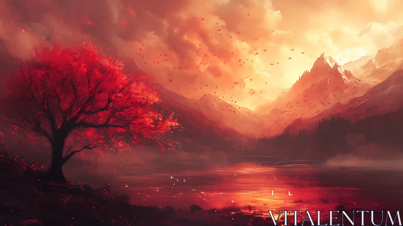 Red tree by reflective lake under glowing mountain sky.