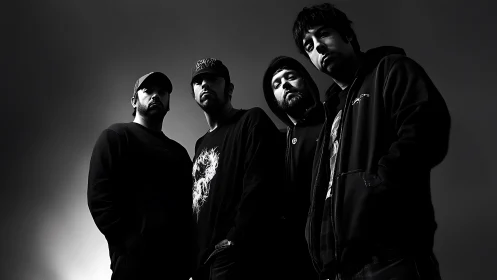 United bandmates stand together in bold black and white light.