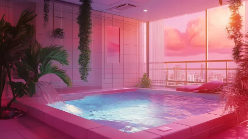 Sunset-lit rooftop pool lounge with lush modern greenery.