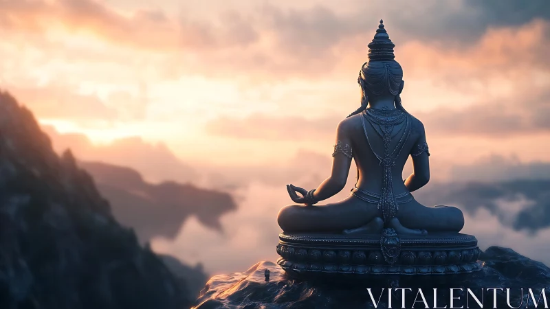 Bronze meditation statue overlooks misty mountains at sunrise