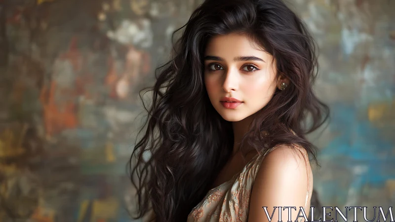 Photorealistic portrait of young woman with loose dark hair.