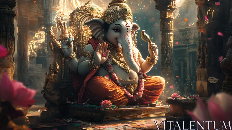 Ganesha idol glows within ornate golden temple sanctum.