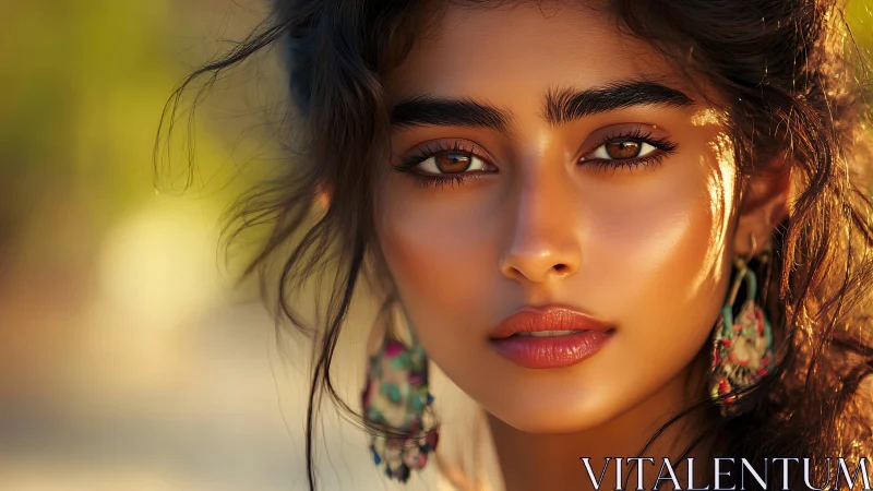 Sunlit portrait with glowing skin and soulful gaze.