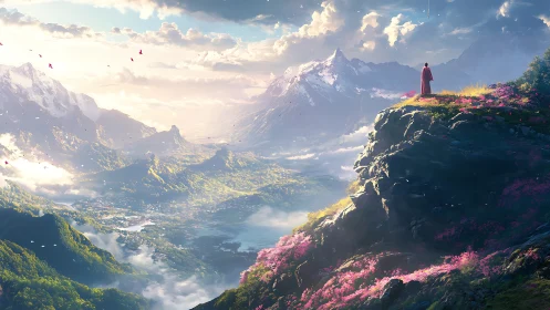 Solitary wanderer surveys luminous alpine dream valley.