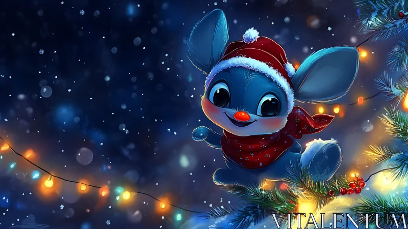 Cheerful blue creature enjoys a cozy snowy winter evening