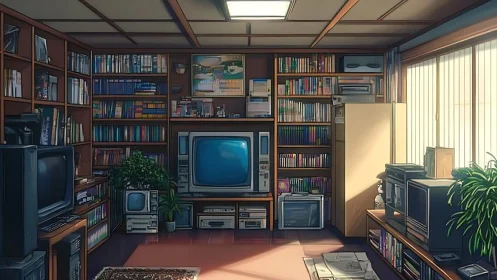 Retro media room with CRT televisions and wood shelving.